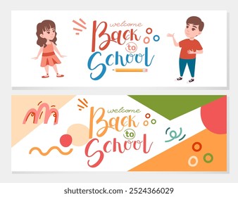 Text Welcome Back to school with two children. Colored font. Hand drawn lettering style, calligraphy. Ready for greetings card design. Vector illustration isolated on white background