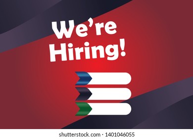 Text "We're Hiring!" banner with blank list for any positions, job requirement, responsibility, qualifications list. Promotions for joining team. Illustration vector.