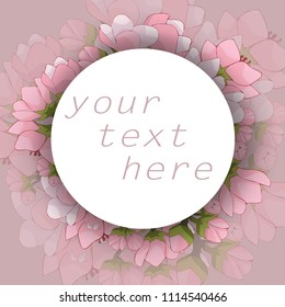 Text in a white paper circle surrounded by pink flowers of cherry, Apple and cherry. Transparent, delicate flowers. Vector logo, banner, poster with text. 
Stock illustration.
