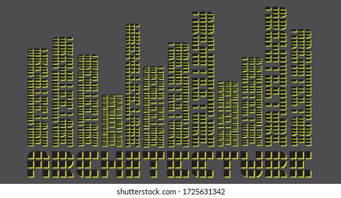 Text of the word Architecture from square block patterns with skyscrapers also all made from the same word