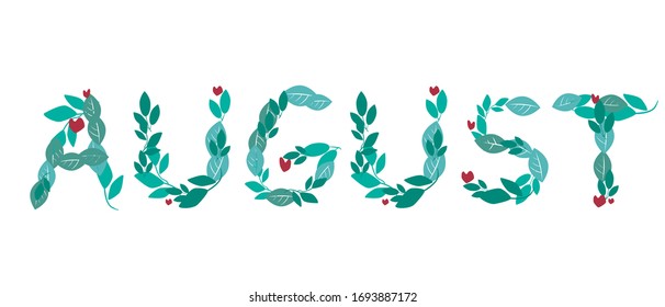 A text with the word August as a sticker for the decor of the Bullet Journal or diary isolated on a white background for design. A vector stock illustration with font with leaves for August.