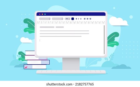 Software de edición de texto y texto - Computadora de escritorio con documento de texto en pantalla. Ilustración del vector