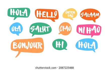 Text with word hello in different languages. French bonjur and salut, spanish hola, japanese konnichiwa, chinese nihao and other greetings. Handwritten background for hotels or school