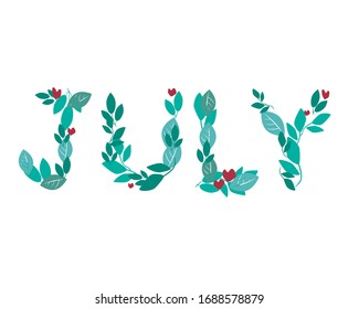 A text with the word Jule as a sticker for the decor of the Bullet Journal or diary isolated on a white background for design. A vector stock illustration with font with leaves for July.