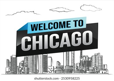 palavra de texto bem-vindo à cidade de Chicago ícone dos EUA logotipo poster vetor design moderno gráfico pode usar banner, folheto, web, estudo, educação, evento esportivo, tour especial férias férias

