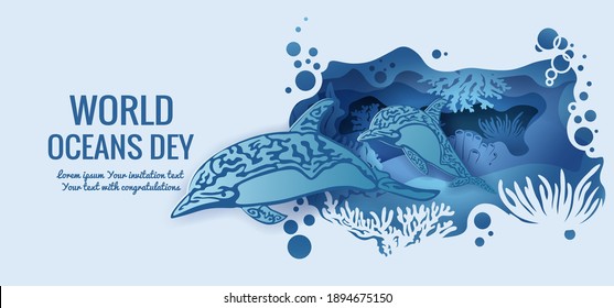 Text - world ocean day. Dolphin. template for making a postcard. vector image for laser cutting and plotter printing. fauna with marine animals.