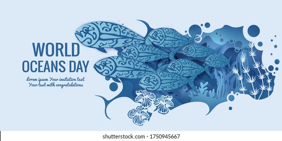 Text - world ocean day. Fish shoal template for making a postcard. Vector image for laser cutting and plotter printing. Fauna with marine animals