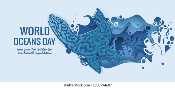 Text - world ocean day. Fur seal, sea lion, sea leopard. template for making a postcard. vector image for laser cutting and plotter printing. fauna with marine animals