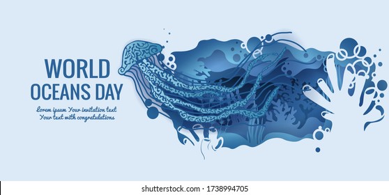 Text - world ocean day. Jellyfish. template for making a postcard. vector image for laser cutting and plotter printing. fauna with marine animals