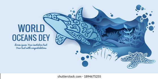 Text - world ocean day. Killer whale, starfish. template for making a postcard. vector image for laser cutting and plotter printing. fauna with marine animals.