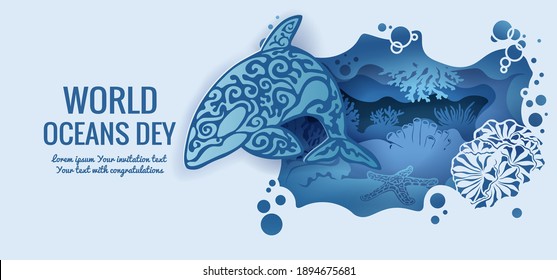 Text - world ocean day. Killer whale, template for making a postcard. vector image for laser cutting and plotter printing. fauna with marine animals.