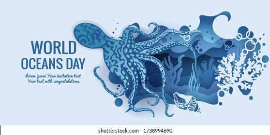 Text - world ocean day. octopus, cuttlefish,. template for making a postcard. vector image for laser cutting and plotter printing. fauna with marine animals.