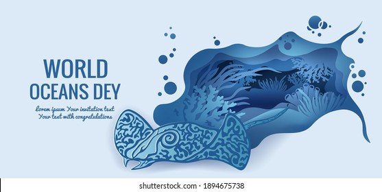 Text - world ocean day. Sea Stingray. template for making a postcard. vector image for laser cutting and plotter printing. fauna with marine animals....