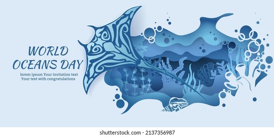 Text - world ocean day. Sea Stingray. template for making a postcard. vector image for laser cutting and plotter printing. fauna with marine animals..