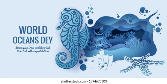 Text - world ocean day. Seahorse, starfish. template for making a postcard. vector image for laser cutting and plotter printing. fauna with marine animals.