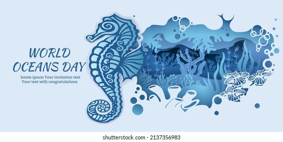 Text - world ocean day. Seahorse. template for making a postcard. vector image for laser cutting and plotter printing. fauna with marine animals.