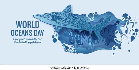 Text - world ocean day. shark. template for making a postcard. vector image for laser cutting and plotter printing. fauna with marine animals