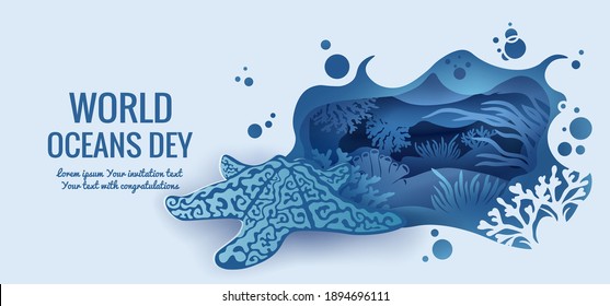 Text - world ocean day. Starfish template for making a postcard. Vector image for laser cutting and plotter printing. fauna with marine animals.