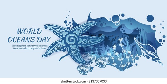 Text - world ocean day. Starfish template for making a postcard. Vector image for laser cutting and plotter printing. fauna with marine animals.