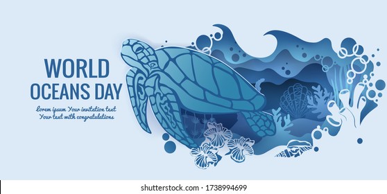 Text - world ocean day. Turtle. template for making a postcard. vector image for laser cutting and plotter printing. fauna with marine animals