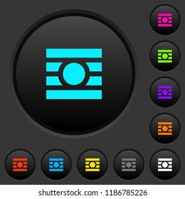 Text wrap around objects dark push buttons with vivid color icons on dark grey background