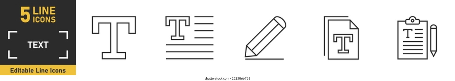 Conjunto de ícones da linha Texto e Escrita. Conjunto de 5 ícones de tópicos relacionados a texto, leitura, palavras, livro, autor, escritor e muito mais. Ilustração vetorial.