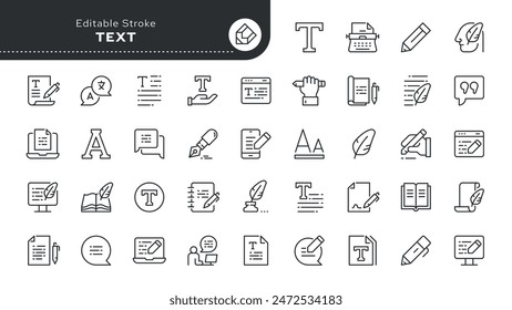 Text and writing - series. Read, words, copywriting, book, autor and writer. Set of line icons in linear style. Outline icon collection. Conceptual web pictogram.	
