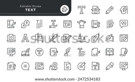 Text and writing - series. Read, words, copywriting, book, autor and writer. Set of line icons in linear style. Outline icon collection. Conceptual web pictogram.	
