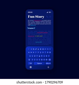 Text writing smartphone interface vector template. Mobile app page black theme design layout. Flat UI for docs viewing application. Documents editing and notes creating screen. Phone display