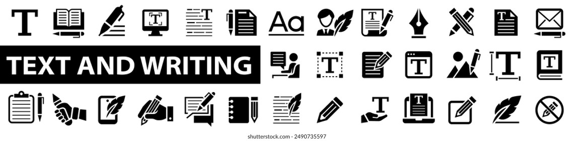 Text and Writing web icon set. Pen, write, pencil, note, edit, writer, document, nib, text, email, text to speech, text editor, typography and more. Vector illustration