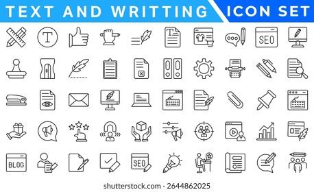Text and writting web icons in line style. Words, read, copywriting, collection. Vector illustration.