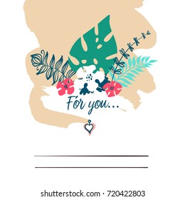 Text  for you with image of flower and leaf. Template banner, poster, invitation card. Hand-drawn vector illustration.