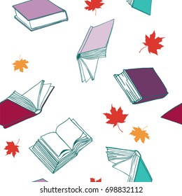 Textbook, book, notebook, maple autumn leaves. Seamless pattern. Vector illustration.