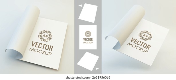 Textbook, booklet or notebook mockup. Cover design template. Blank sheet in tone of cover included. 3d vector illustration for picture, painting, poster,  certificate, diploma or photo. 