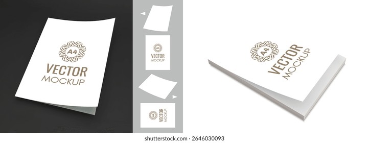 Livro-texto, livreto ou maquete de notebook. Modelo de design de capa. Folha em branco em tom de cobertura incluída. Ilustração vetorial 3d para imagem, pintura, cartaz, certificado, diploma ou foto. 