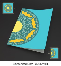 Textbook, Booklet or Notebook Mockup. Ethnic Circle Element. Orient Traditional Design. Lace Pattern. Mandala Round Ornament. Vector Fashion Illustration.