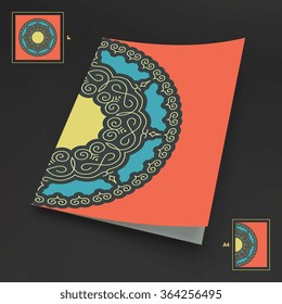 Textbook, Booklet or Notebook Mockup. Ethnic Circle Element. Orient Traditional Design. Lace Pattern. Mandala Round Ornament. Vector Fashion Illustration.