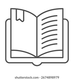 Livro de texto com indicador ícone de linha fina, conceito de festival de livros. Gráficos vetoriais. Aberta página do livro para ler o sinal no fundo branco, ícone do estilo da estrutura de tópicos para design móvel ou web