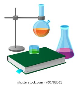 Textbook and chemistry tools isolated vector illustration on white. Erlenmeyer and round-bottomed laboratory flasks with liquid in cartoon style