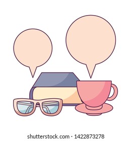 textbook with cup coffee and speech bubble