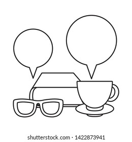 textbook with cup coffee and speech bubble