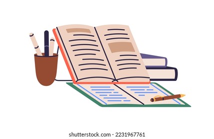 Textbook, exercise book and pen composition. Grammar and language education, study concept. Writing school syllabus, essay, preparation for exam. Flat vector illustration isolated on white background