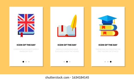 Textbook flat icon set. Notebook, English dictionary, graduation hat isolated sign pack. Education, knowledge, college, studying concept. Vector illustration symbol elements for web design