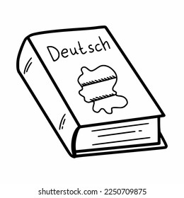 Textbook of German language. Self-instruction. Book. Vector doodle illustration. A sketch.