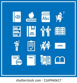 textbook icon. 16 textbook vector set. bookshelf with books, open book icon, book and student icons for web and design about textbook theme