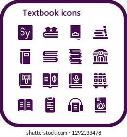  textbook icon set. 16 filled textbook icons. Simple modern icons about  - Story, Book, Flyer, Bookshelf, Books, Library, Phone book, Audiobook