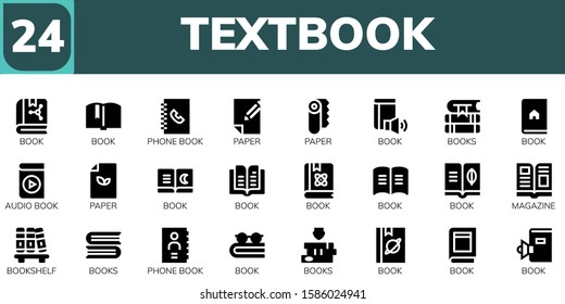 textbook icon set. 24 filled textbook icons.  Simple modern icons about  - Book, Phone book, Paper, Books, Audio book, Magazine, Bookshelf