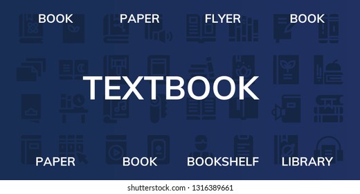 textbook icon set. 32 filled textbook icons. on blue background style Simple modern icons about  - Book, Paper, Flyer, Bookshelf, Library, Magazine, Audio book, Reading, Books