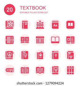 textbook icon set. Collection of 20 filled textbook icons included Book, Books, Dictionary, Ibooks, Library, Flyer, Read