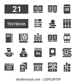 textbook icon set. Collection of 21 filled textbook icons included Books, Bookshelf, Library, Flyer, Book, Dictionary, Read, Reading, Ereader, Bookcase